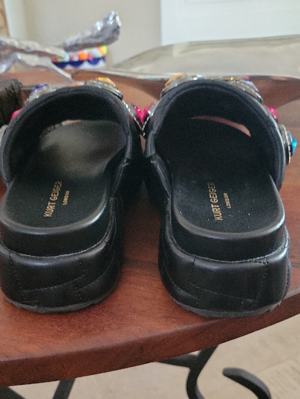 Kurt Geiger Black Quilted Slide Sandals with Colorful Jewel Embellishments - Picture 5 of 12